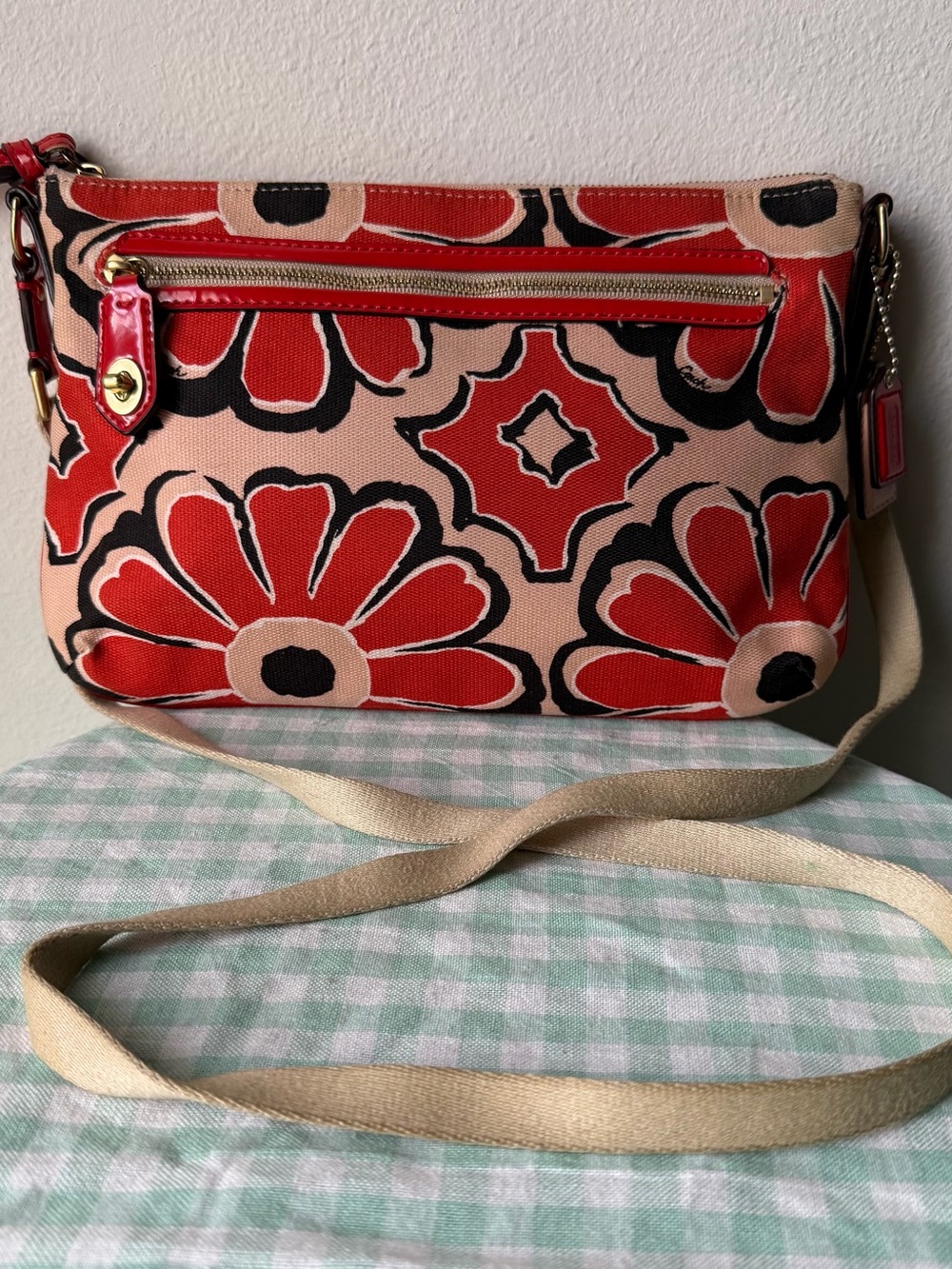 Coach Poppy Red and Beige Floral Scarf Print East/West Crossbody Swingpack